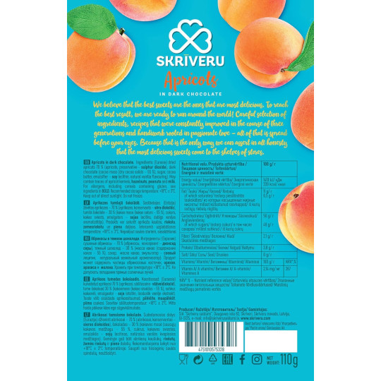 Skrīveru Apricots in Dark Chocolate 110g Skrīveru Apricots in Dark Chocolate 110g